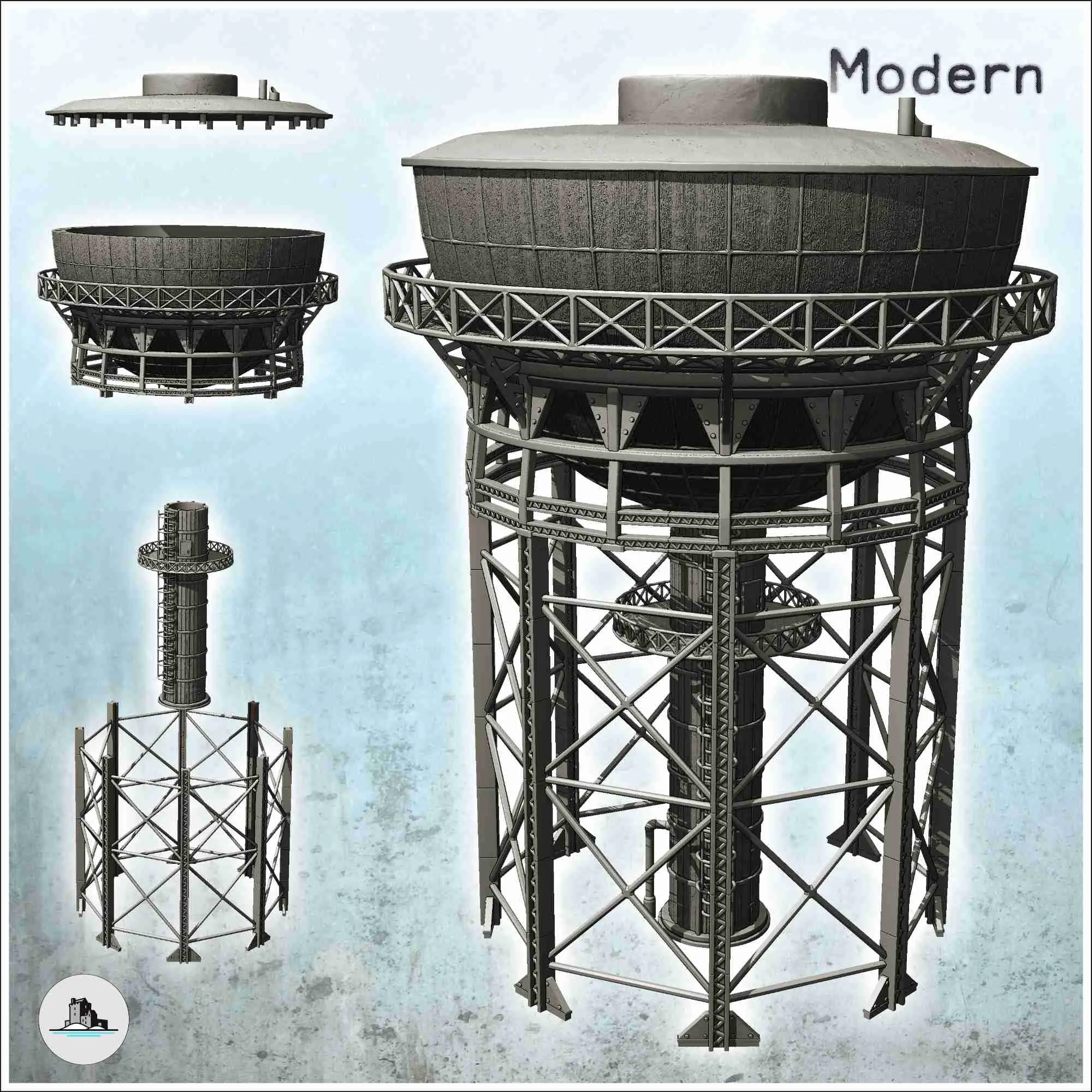 Torre industrial con depósito en la parte superior y estructura metálica (2