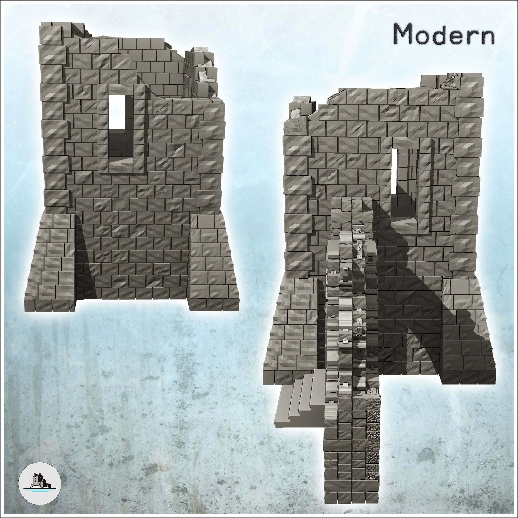 Edificio en ruinas con torre de piedra y escalera bajo arco (3