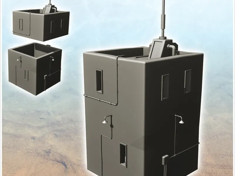 Edifício quadrado futurista com postes de iluminação na fachada (16)