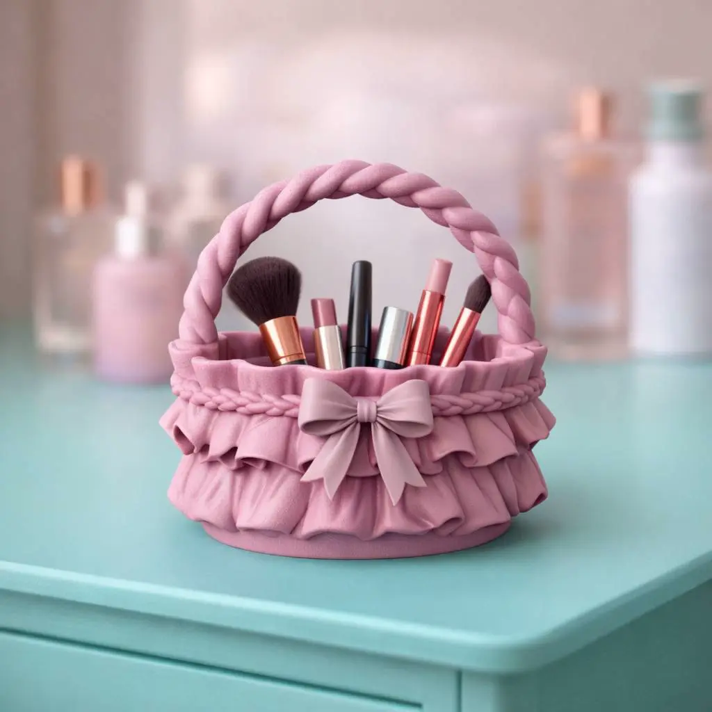 Ribbon Ruffle Basket | Bow Handle Decorative Storage Basket