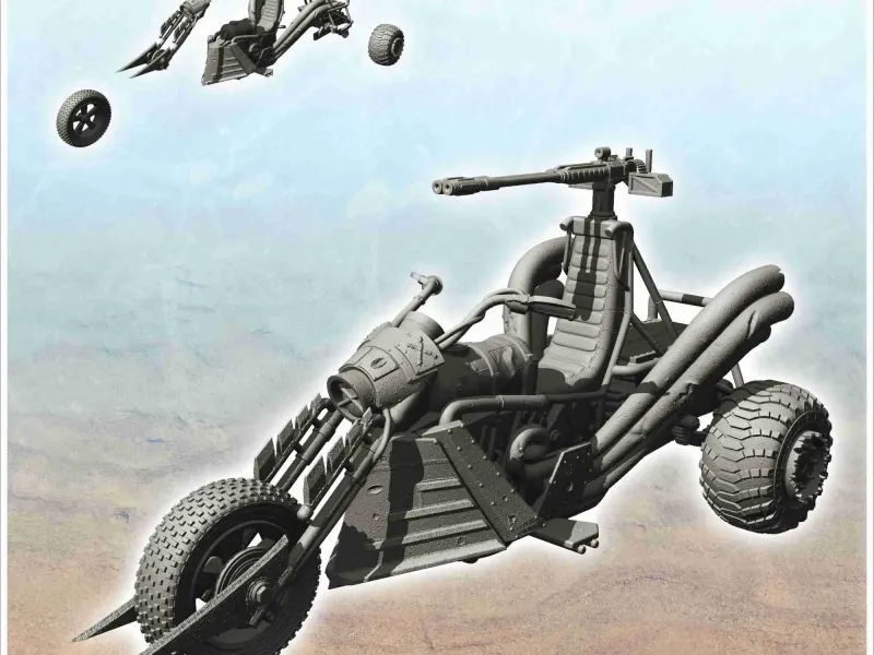 Motocicletă cu trei roți post-apo cu armă automată (10)