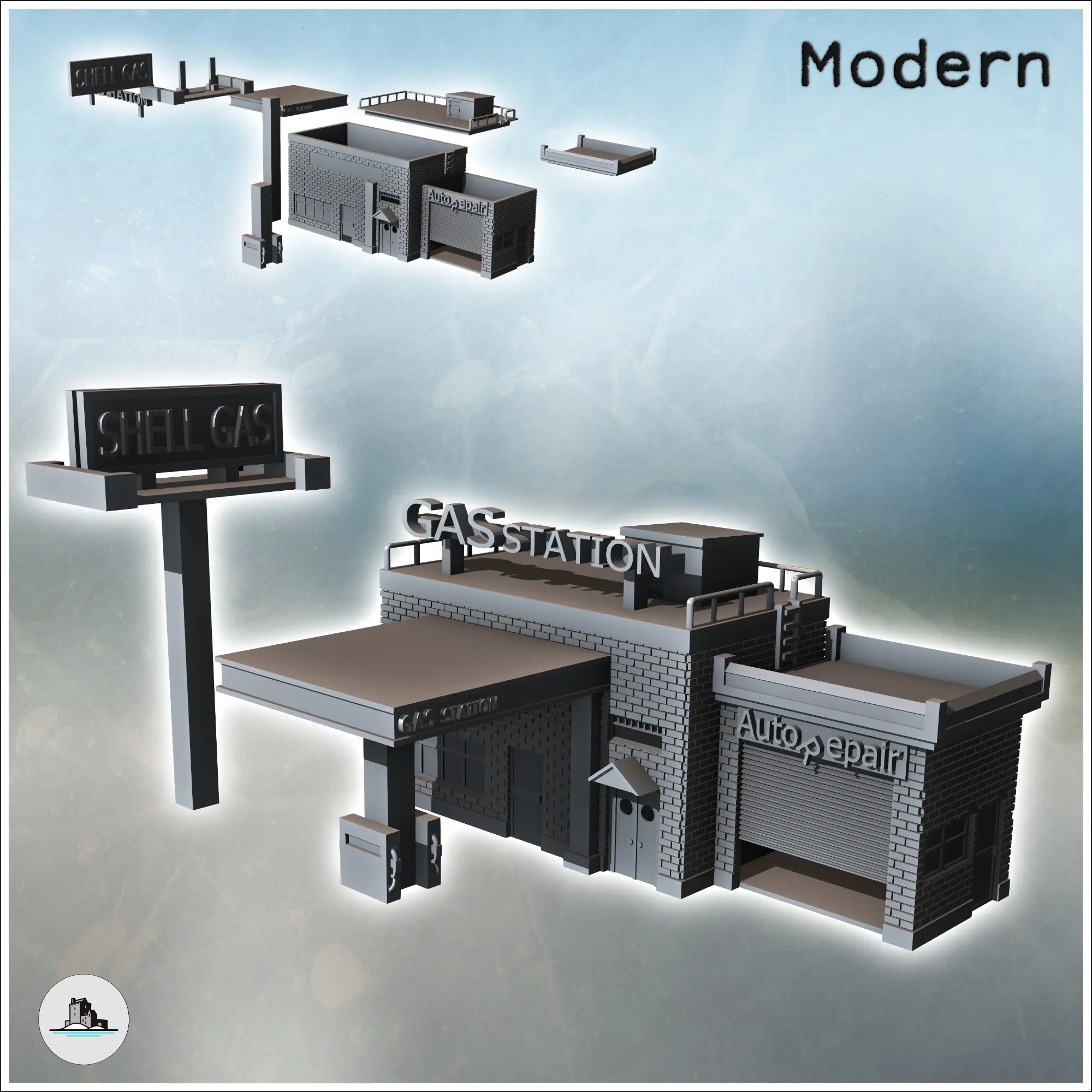 Modern petrol station with large sign and shop under awning