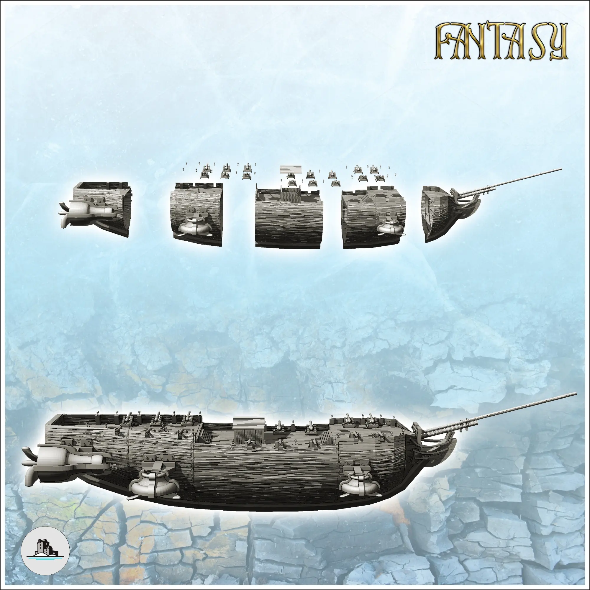 Steampunk-Schiff mit Kanonen an Deck und Antriebsreaktoren (