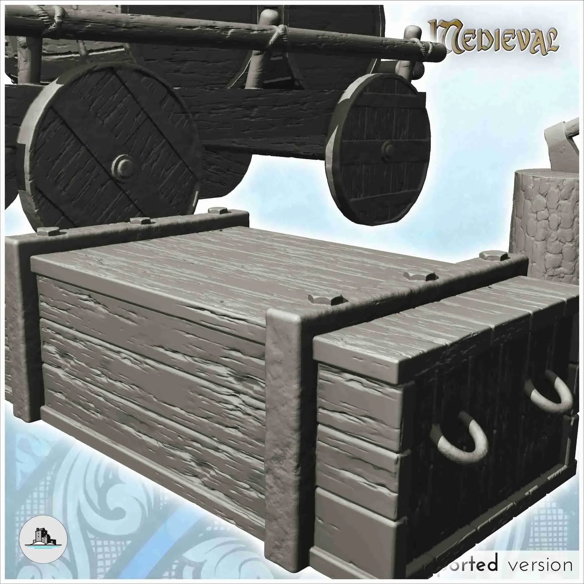 Medieval equipment set with cart, crate and axe (1) - scener