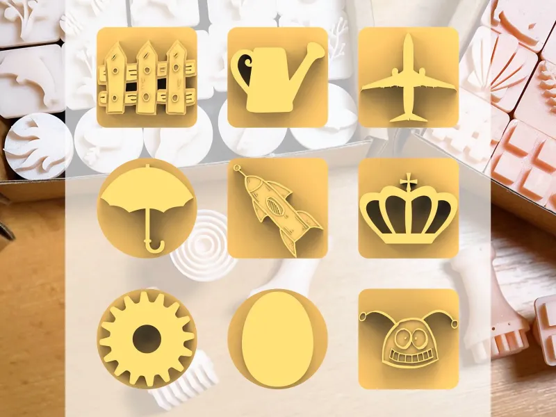 Set di timbri per argilla ceramica – Oggetti (9 mini timbri, 20 mm)