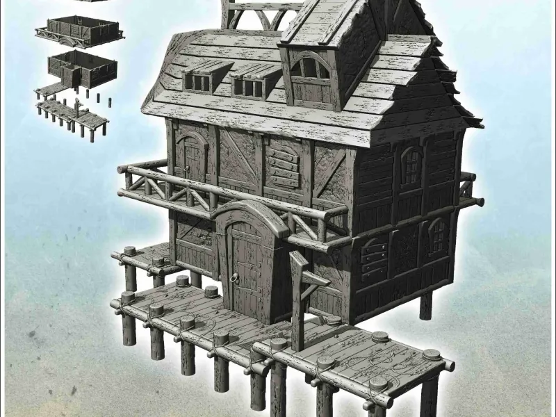 Medieval building on wooden dock with second floor (12)