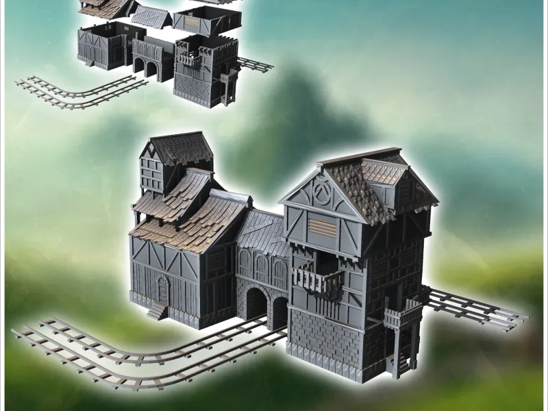Medieval mine building with double central arch and rails fo