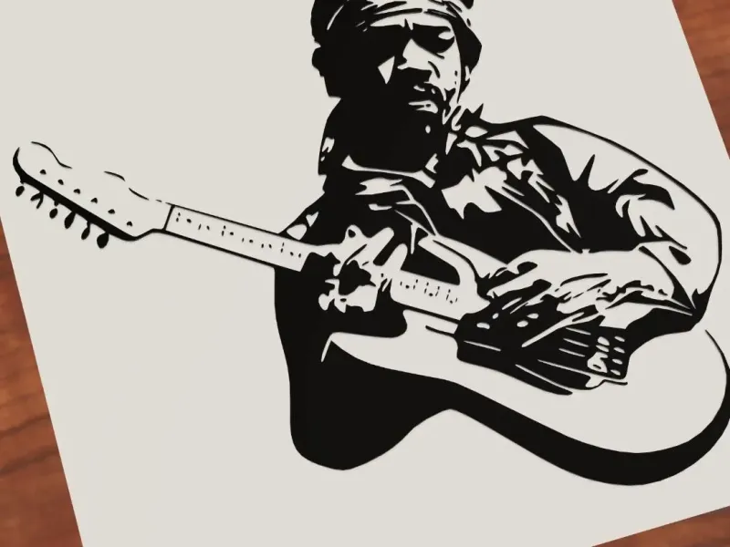 Jimi Hendrix playing guitar Black and White