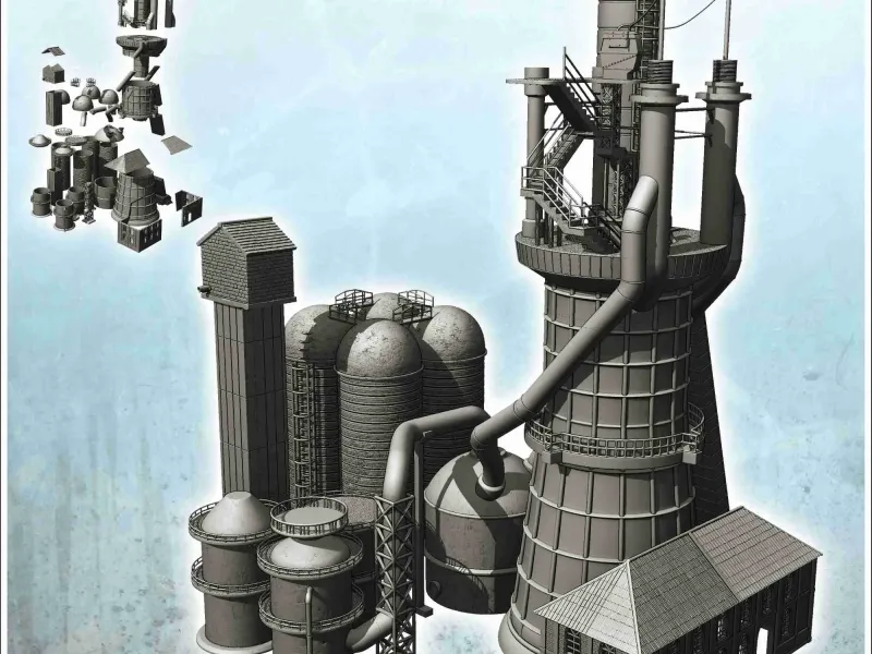 Large modern industrial facility with furnaces, brick buildi