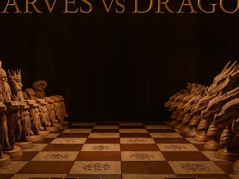Chess set. Dragons and dwarves. With chessboard