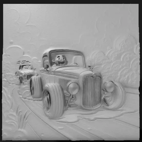 cartoon high-speed race with tiny hotrod cars,