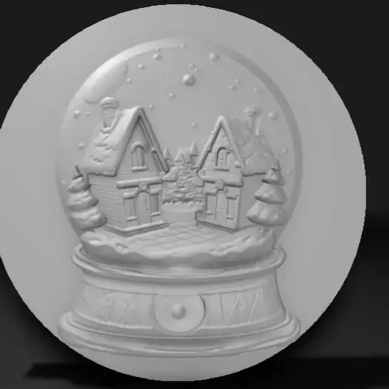 globe on wooden base showing festive town square