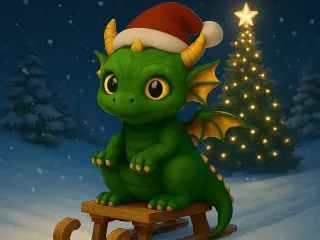 Snowy Baby Dragon on A Sled