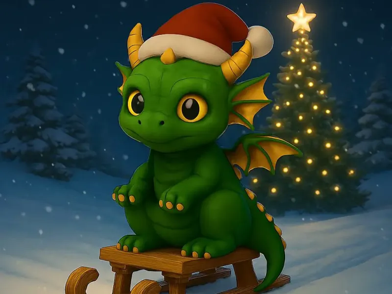Snowy Baby Dragon on A Sled