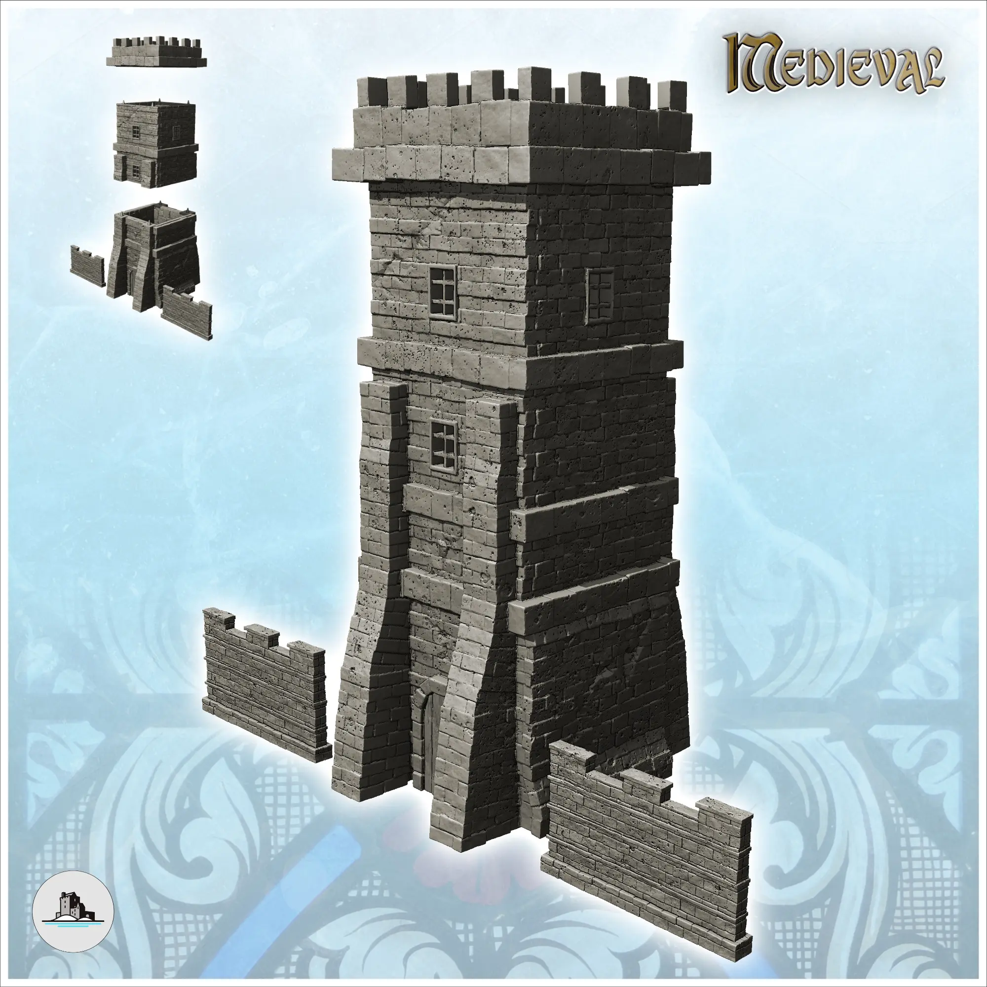Medieval cut stone defense tower with adjoining walls (13) -