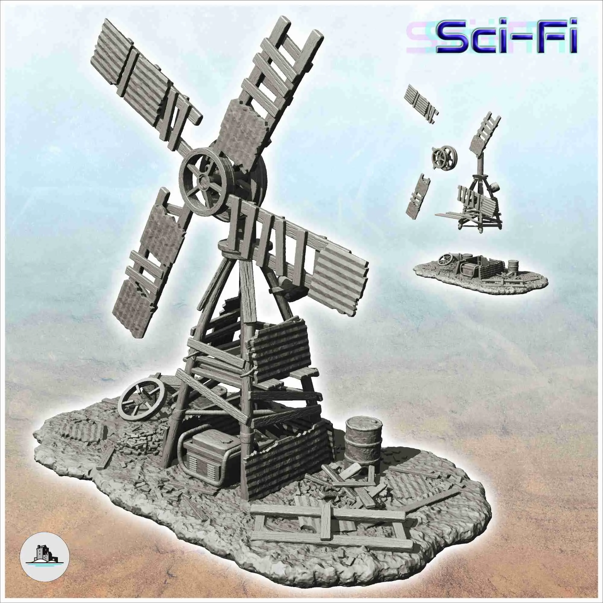 Post-apocalyptic wind turbine made of sheet metal and wood w