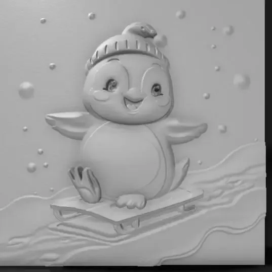 pinguin drăguț pe sanie, culori strălucitoare