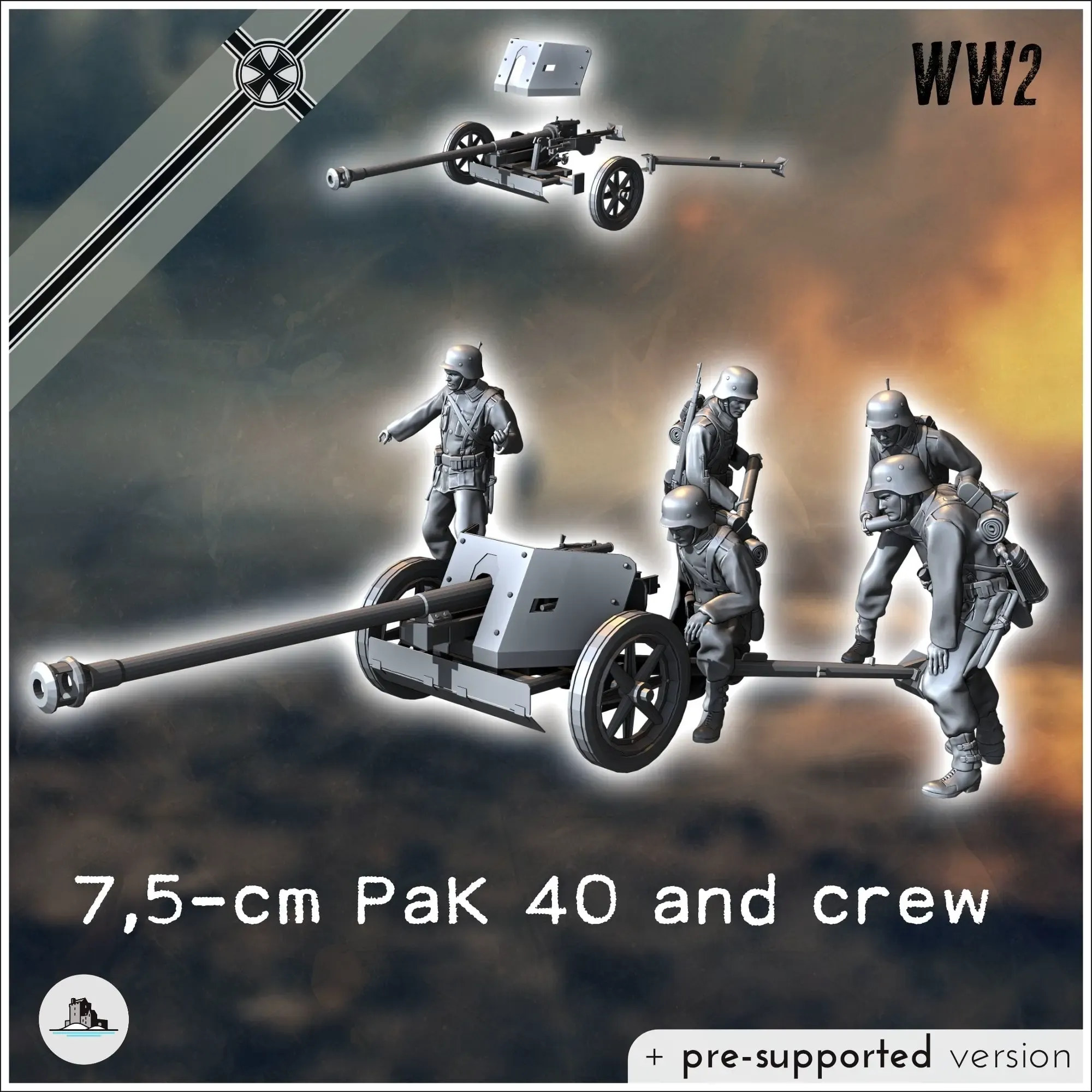 Pak 40 75mm anti-tank gun with five crew members - WW2 minia