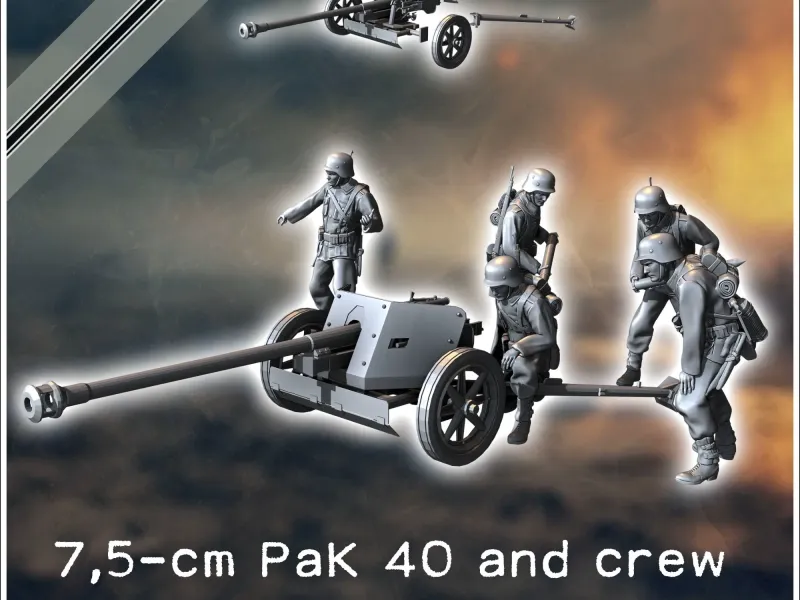 Pak 40 75mm anti-tank gun with five crew members - WW2 minia