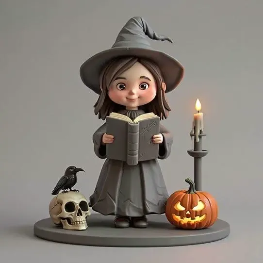 2953  Witch with Spell book, Skull, Raven and Pumpkin