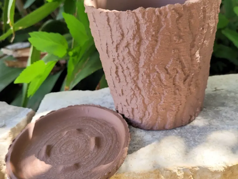 Tree Bark Flower Pot with Tree Ring Drip Tray