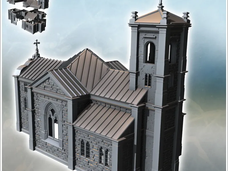 Modern Christian church with steeple, stained glass windows,