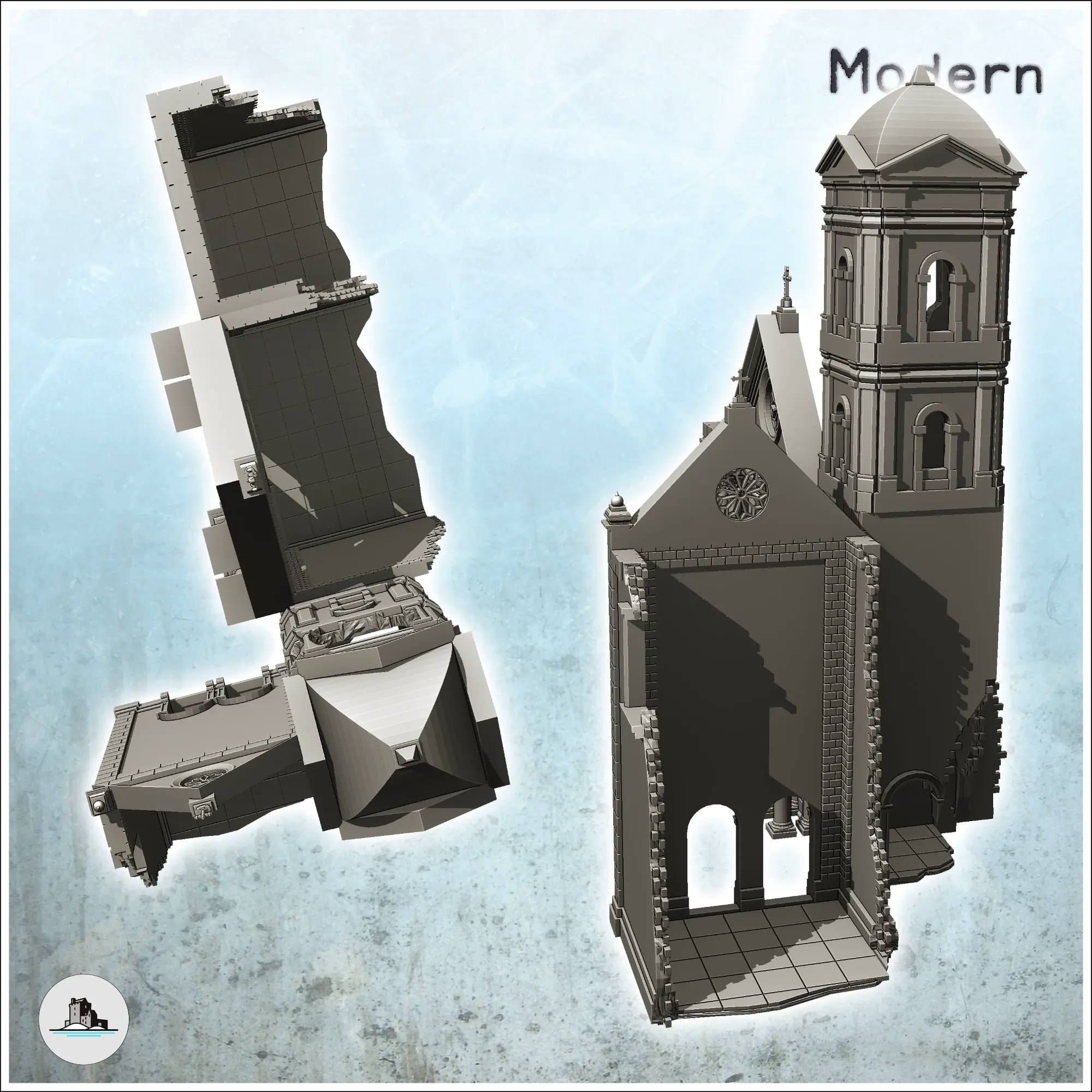 Monasterio neoclásico en ruinas con frontón y campanario