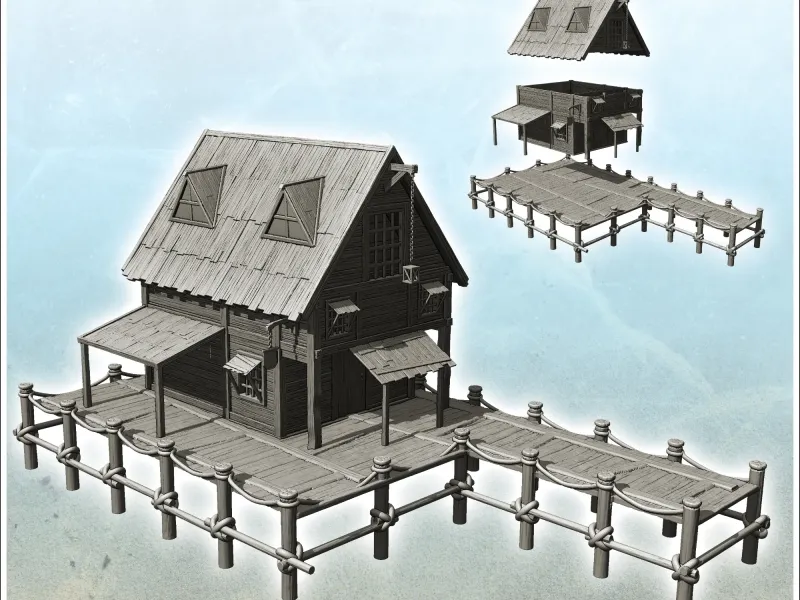 Wooden pontoon with multi-storey building, crane and awning