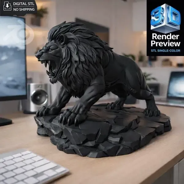Lion STL – 3D Printable Lion Statue on Rock Base