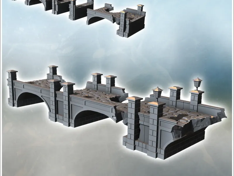 Damaged stone bridge with lamppost and multiple pillars (1)