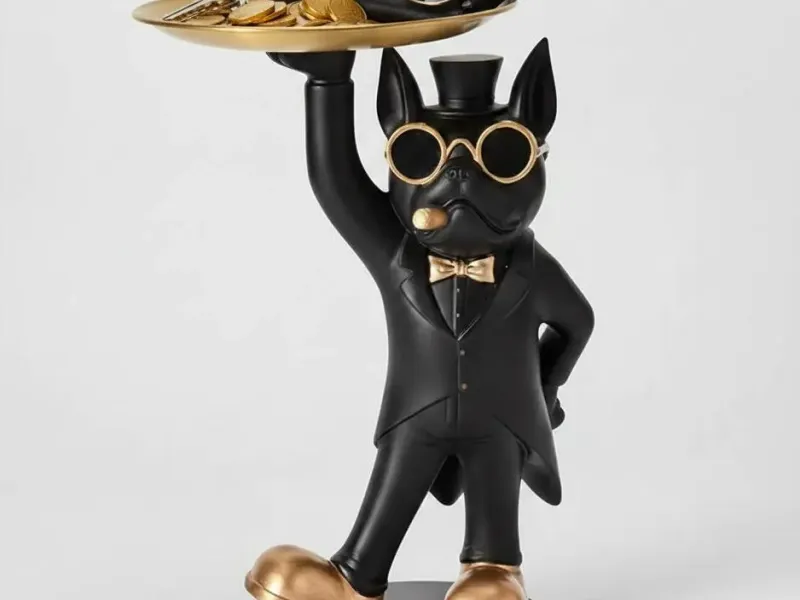 Estátua decorativa de buldogue francês mordomo com bandeja