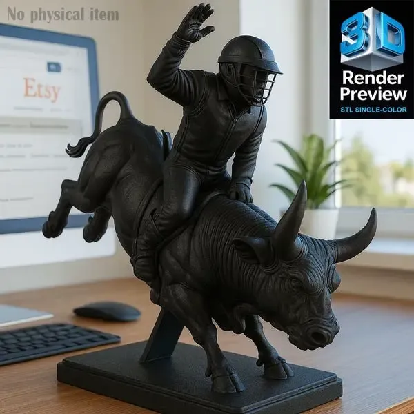 Bull Rider Statue STL – Rodeo Cowboy on Bull 3D Print Model