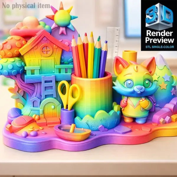 Kids Rainbow Desk Organizer STL – Cute House & Cat Pencil Ho
