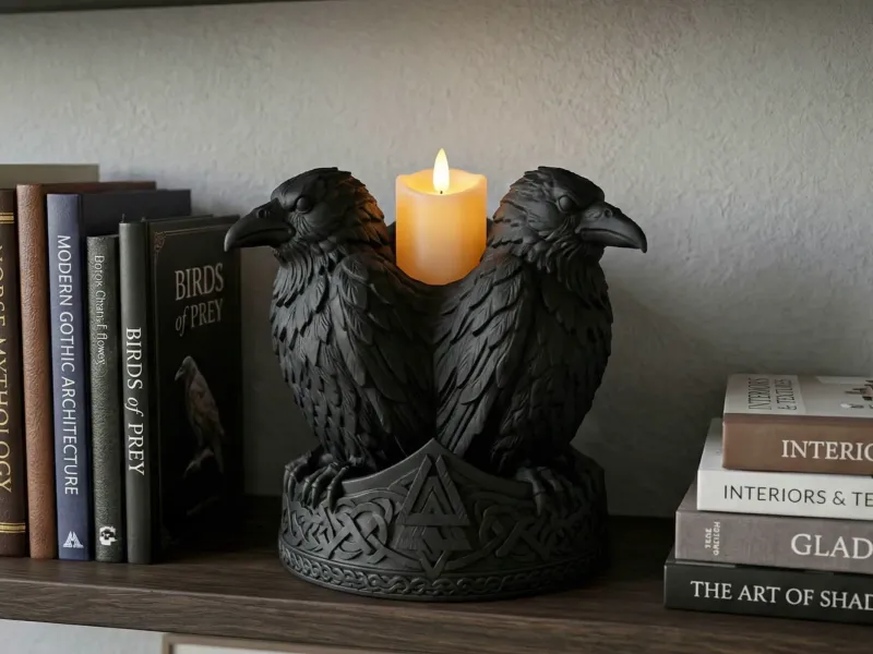 Castiçal Lanterna Elétrica para Vela Tealight com Corvo Viking