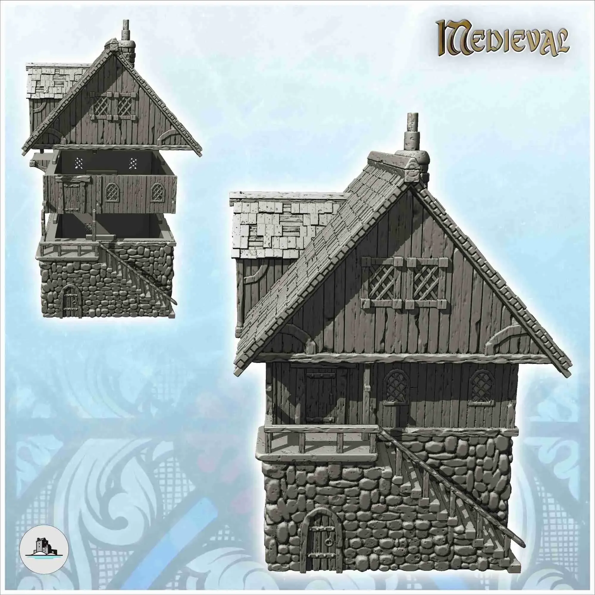 Medieval tavern with large entrance staircase and tiled roof