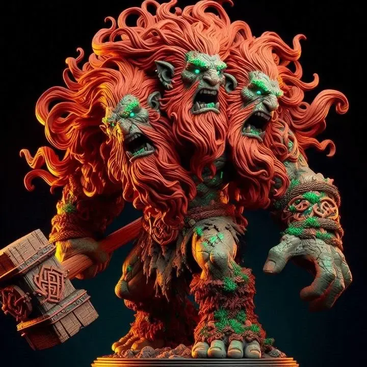 3917  Three-Headed Troll — 3D-Printed Fantasy Statue  STL