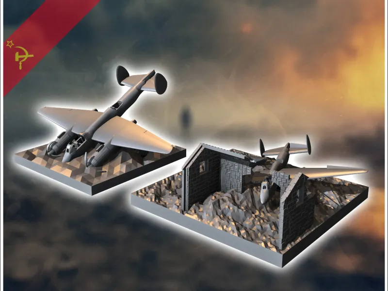 Set of two destroyed Tupolev Tu-2 Bat ANT-58 with house ruin