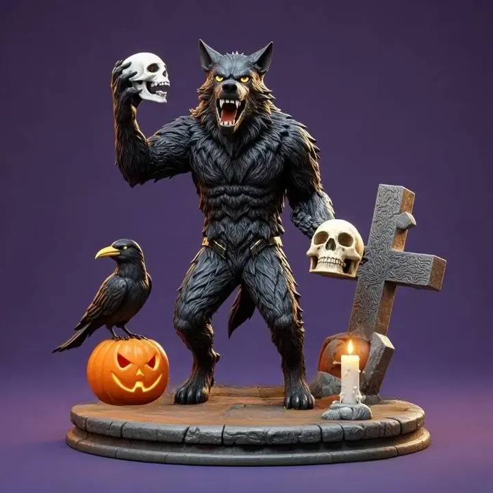 3066 Werewolf Howling with Skull – 3D Model  magic wizardry