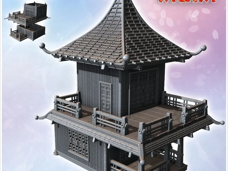Bâtiment asiatique à plusieurs étages avec grand balcon et auvent (2
