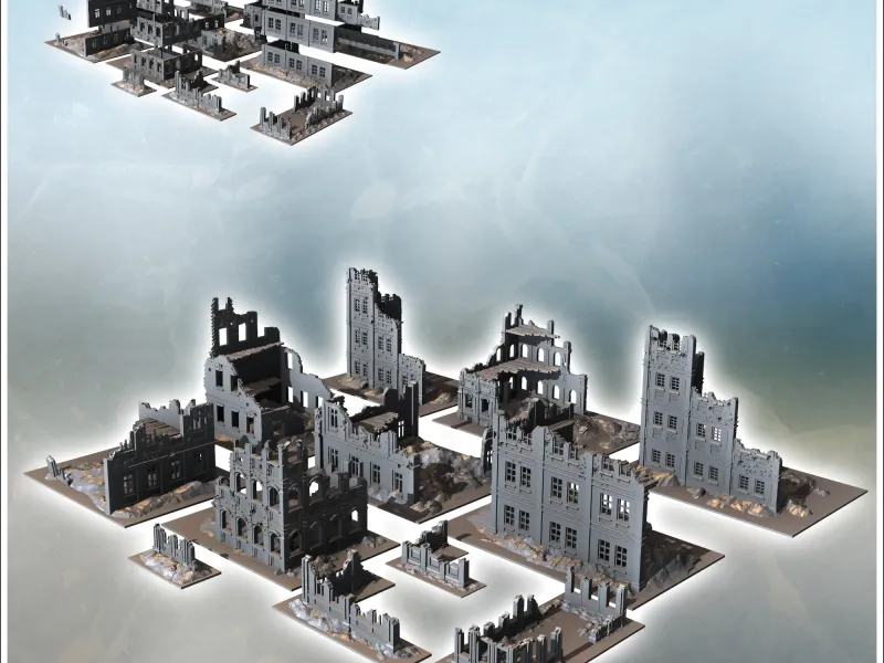 Conjunto de doce grandes ruinas modernas y futuristas con pisos