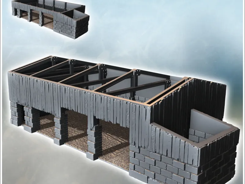 Stone and wooden industrial building with metal beams withou