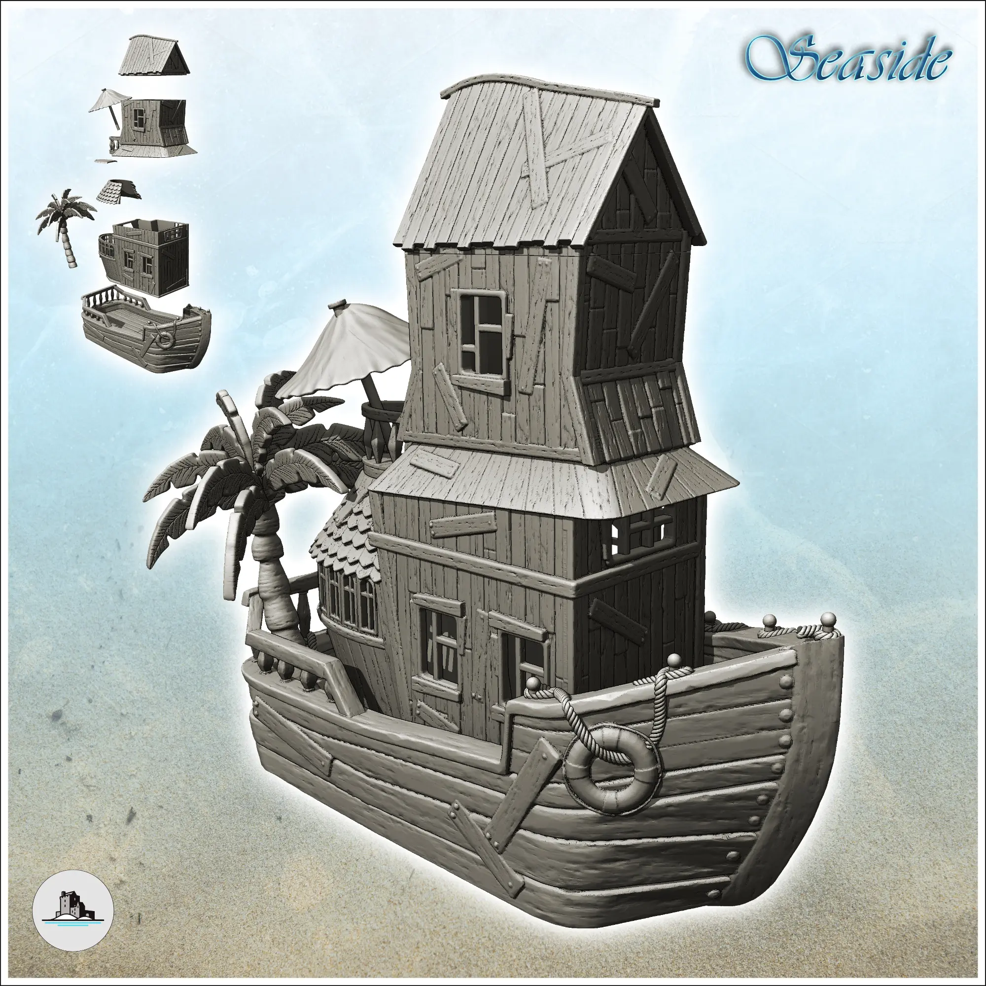 House on boat with parasol and palm tree (1) - miniatures wa