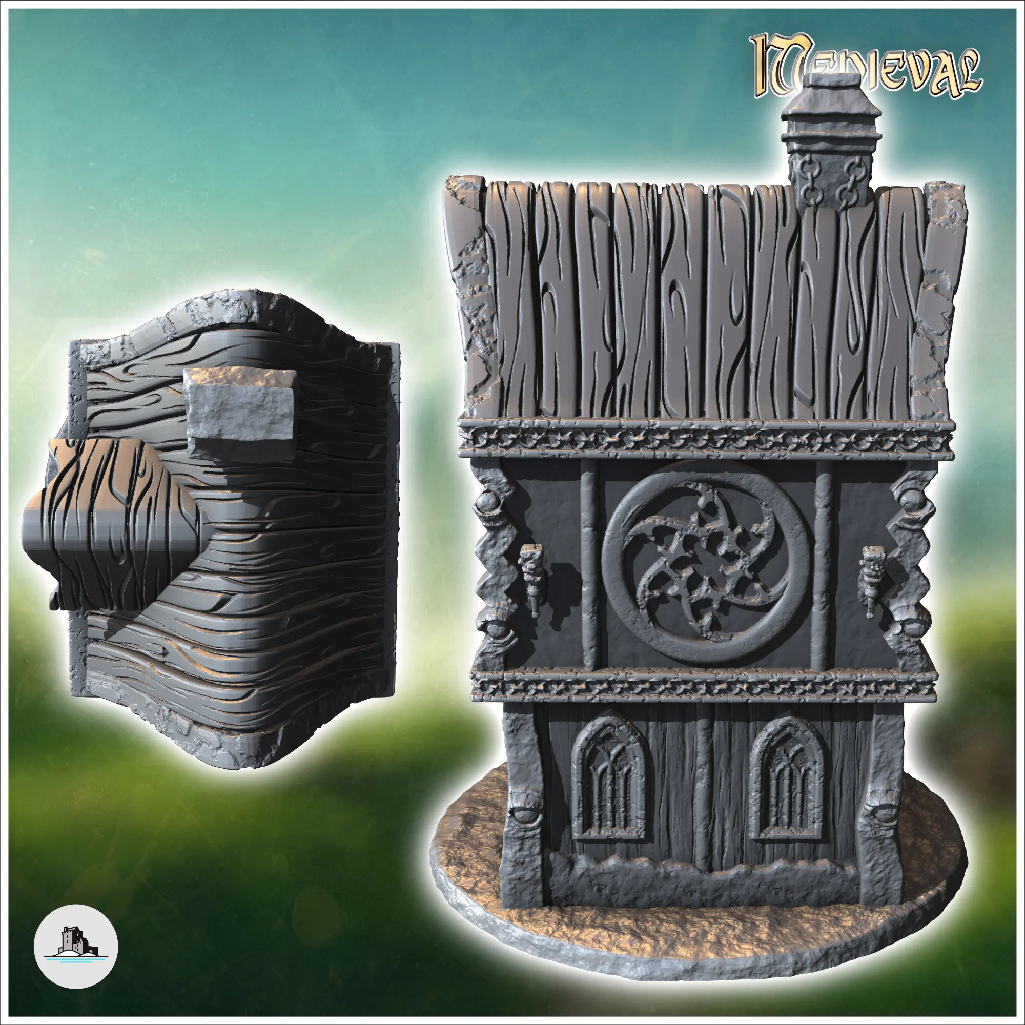 Casa medieval con dos plantas, chimenea y grandes ventanales