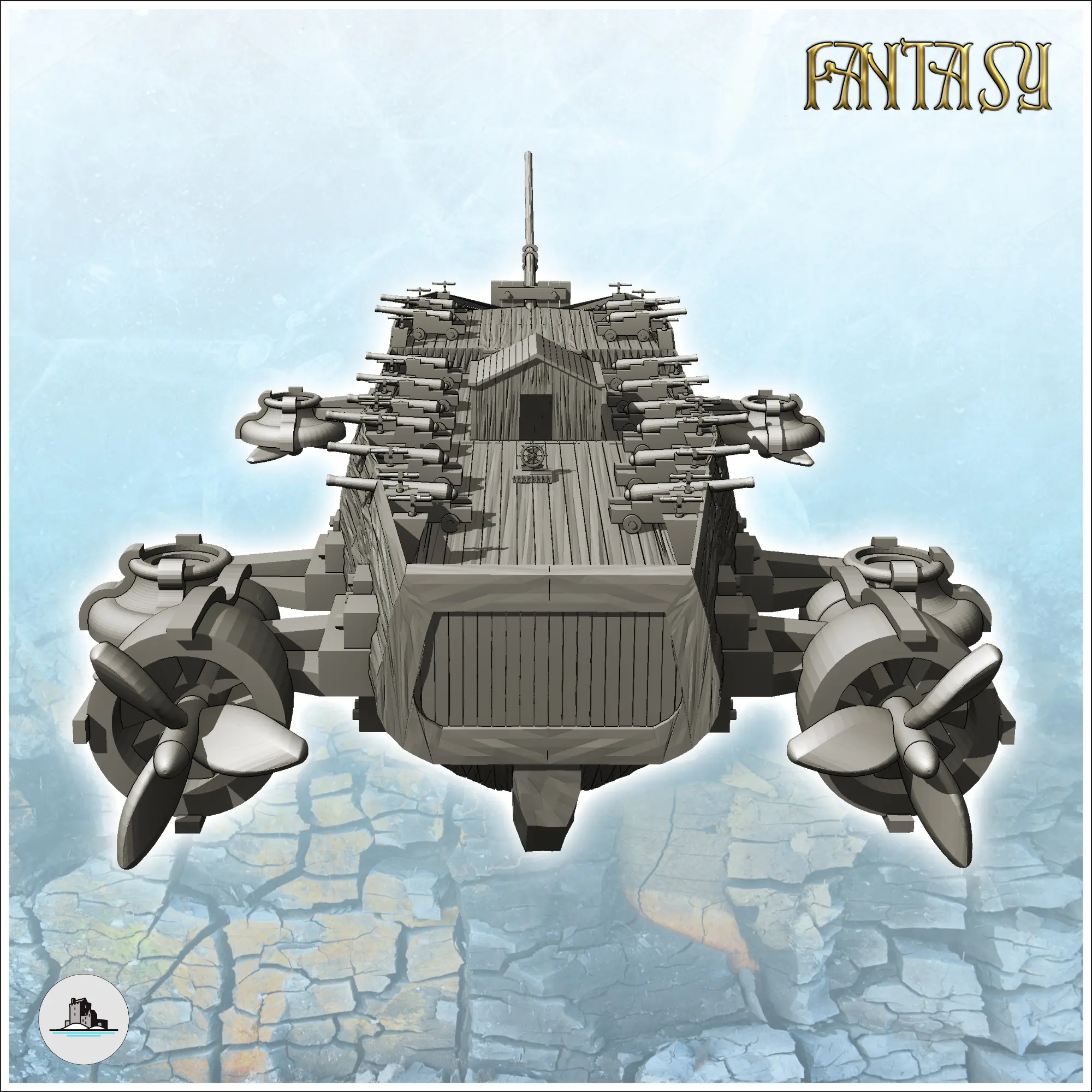 Steampunk-Schiff mit Kanonen an Deck und Antriebsreaktoren (