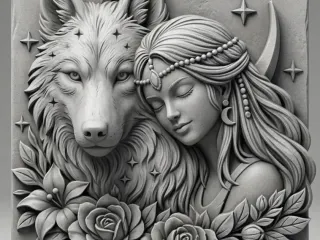 Wolf and fairy in a stone painting