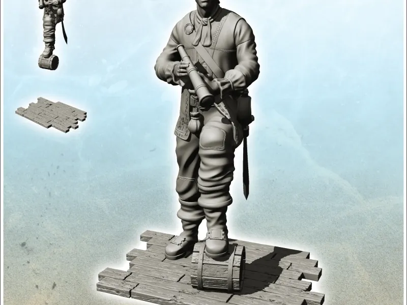 Vecchio pirata con vista lunga e piede sulla botte - figura mini