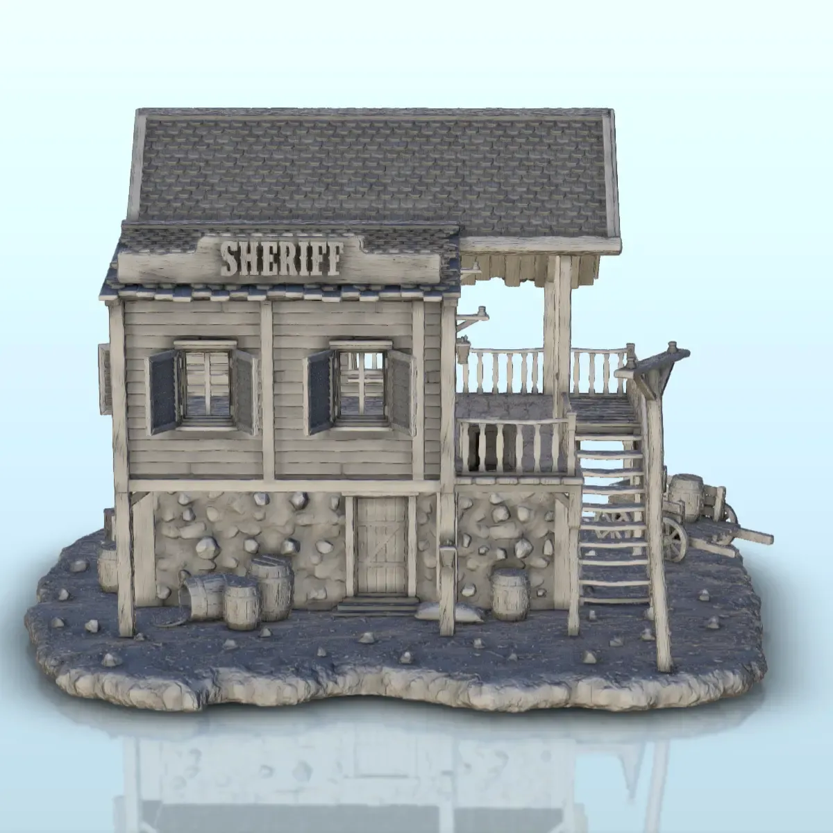 Sheriff's office in wood and stone with stairs - Terrain