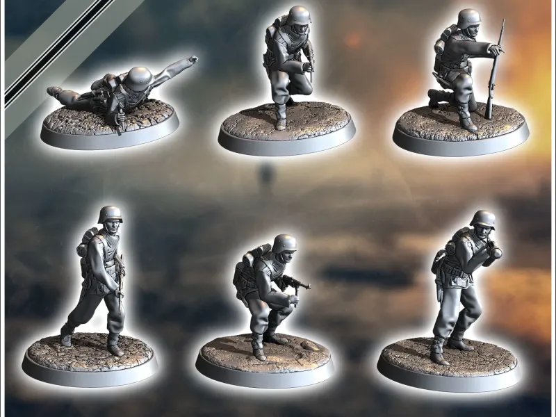 Set of six German WW2 infantry troops (with MP40, Panzerfaus