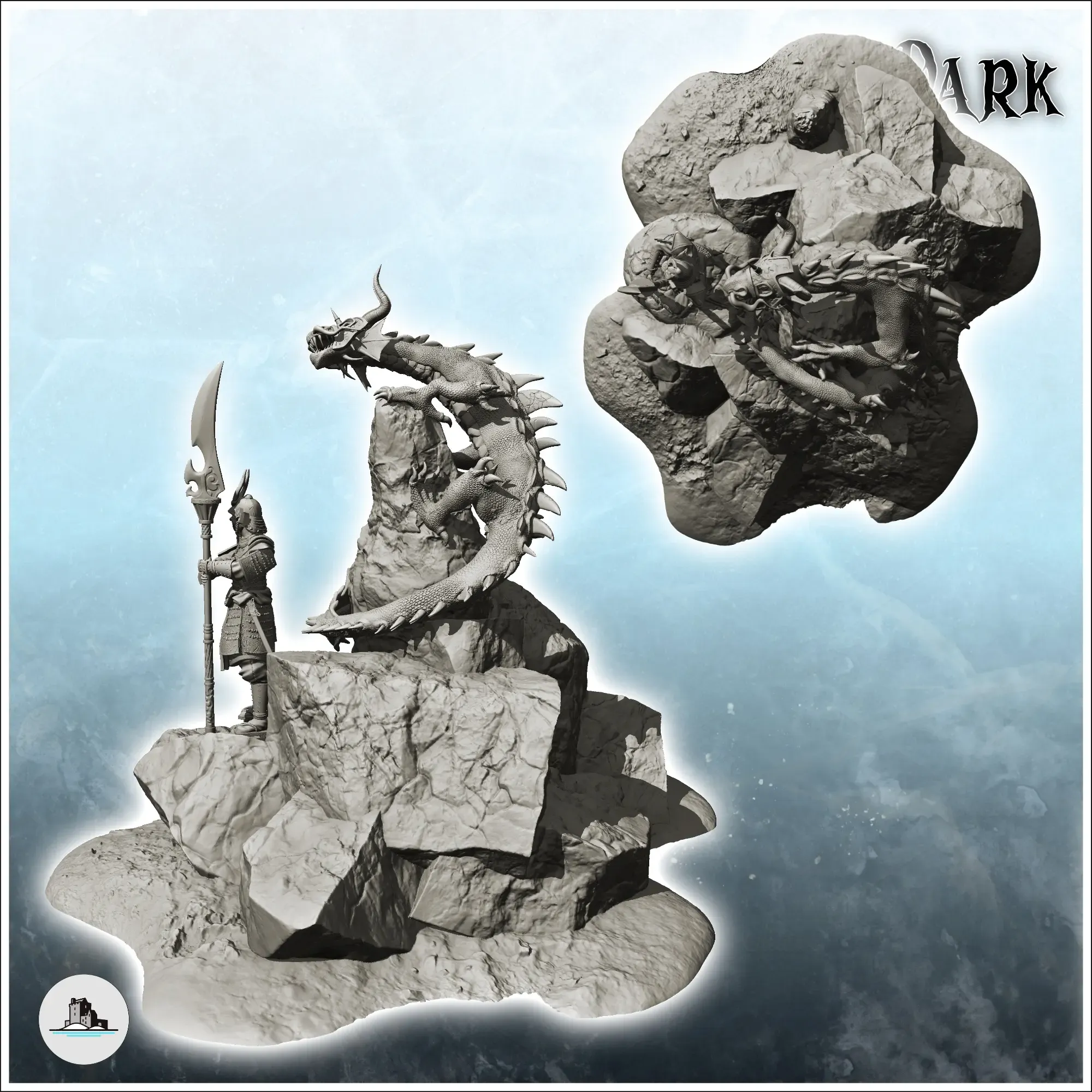 Dragon and samurai on rock - figure miniature statue fantasy