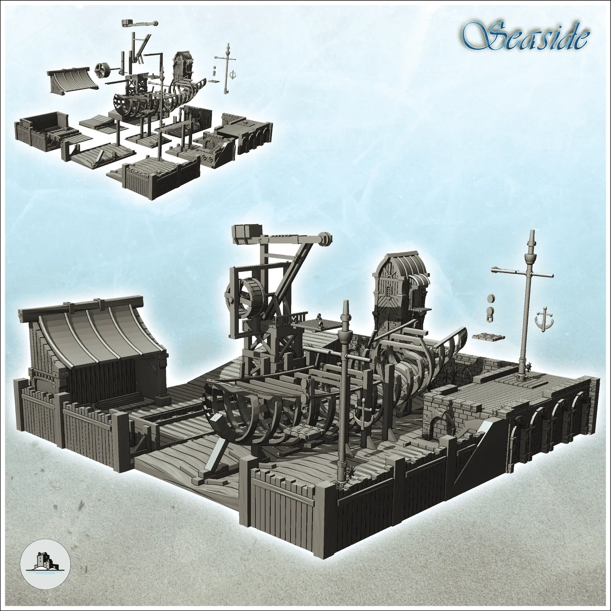 Medieval wooden shipyard with boat hull and crane (14) - min | 3D ...